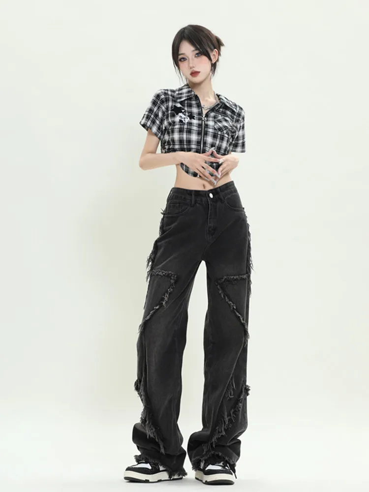 

American Street Vintage Black Tassel Straight Jeans For Women High Waist Cowboy Full Length Loose Cargo Wide Leg Pants 2023 New