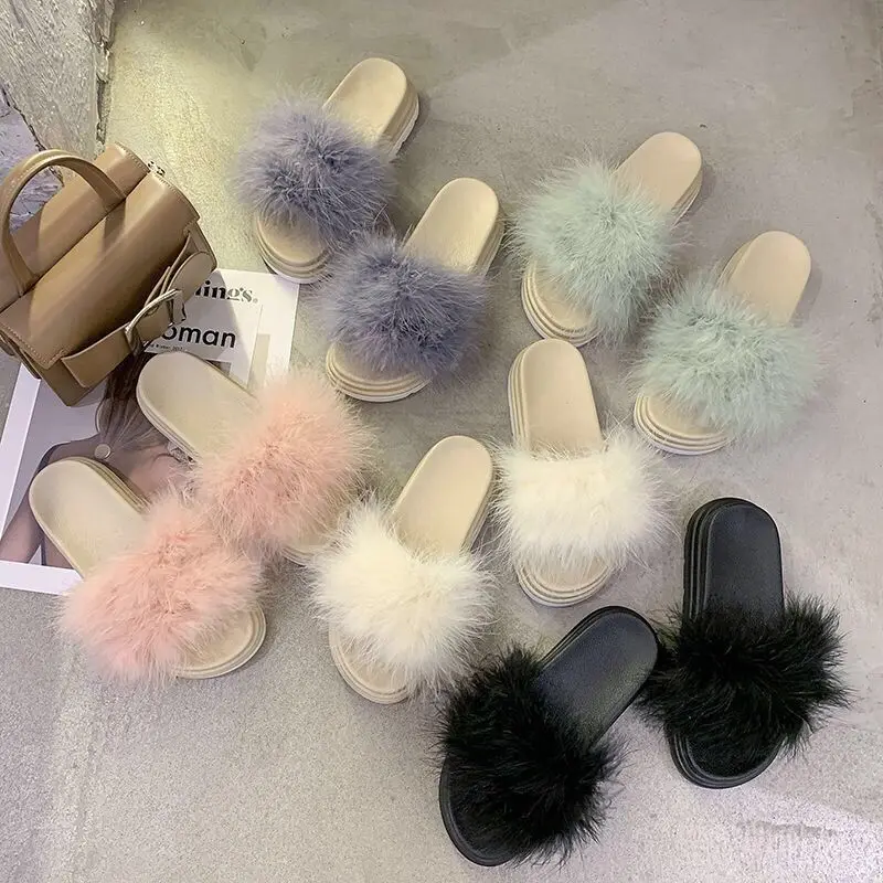 

Women Slide Ostrich feather Warm Fluffy Slippers Fur Flip Flops Flat Home Slippers Furry Slides Woman Plush Casual Shoes Sandals