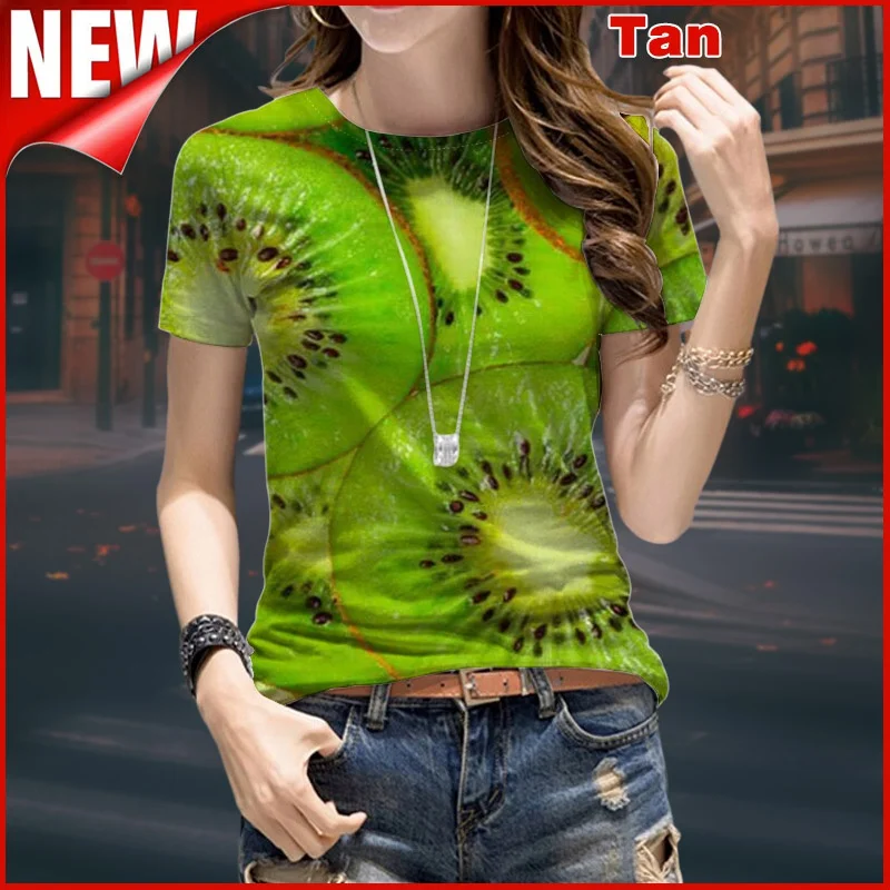 Summer 2022 New 3D Printing Fruit T-shirt Women Leisure 3D T-shirt Light Green Kiwi Fruit XS-5XL
