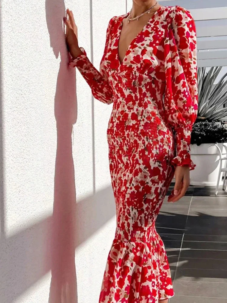 

Elegant Party Dresses for Women 2023 New Slim Print Sexy Dress Fashion Women's V-neck Temperament Long Sleeve Evening Dress