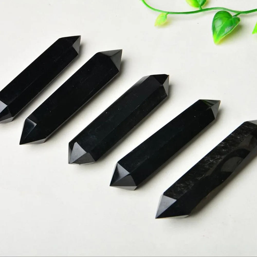 Natural Black Obsidian Double Tip Column Six Prism Column Crystal Point Home Decoration Ornaments Wand Energy Ore Birthday Gifts