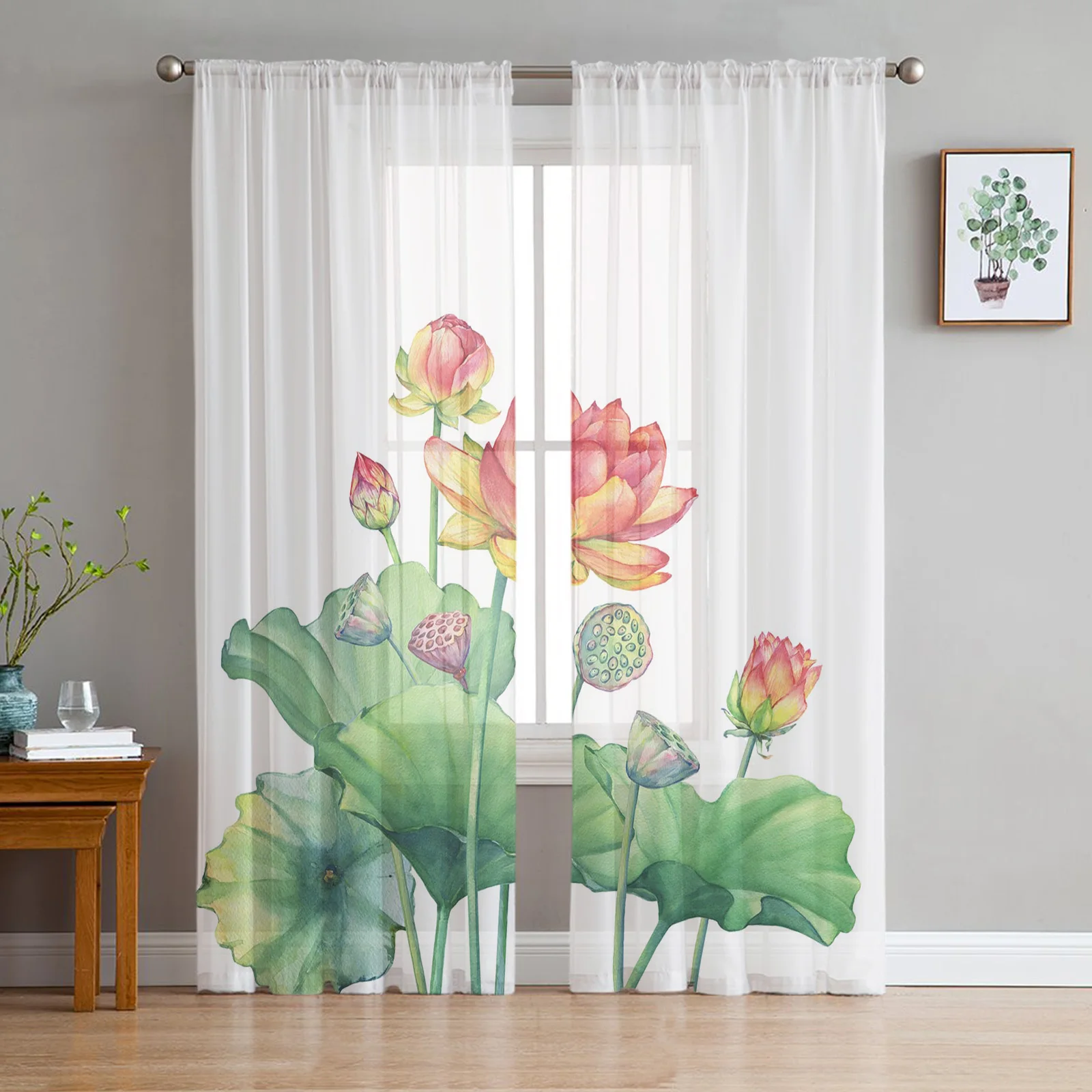 

Растительный Лотос, акварельные прозрачные Занавески для гостиной, вуаль для окна, жалюзи для спальни, тюль с драпировкой, кухонные шторы