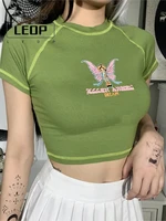 ledp butterfly pattern and letter print stitch crop top o neck short sleeve t shirt clothes shirt vintage clothing t shirt women