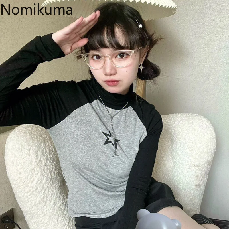 

Топы Nomikuma Y2k, весна-осень, водолазка, контрастные цвета, Звездный принт, тонкая женская одежда, ретро Harajuku, модные футболки с длинным рукавом