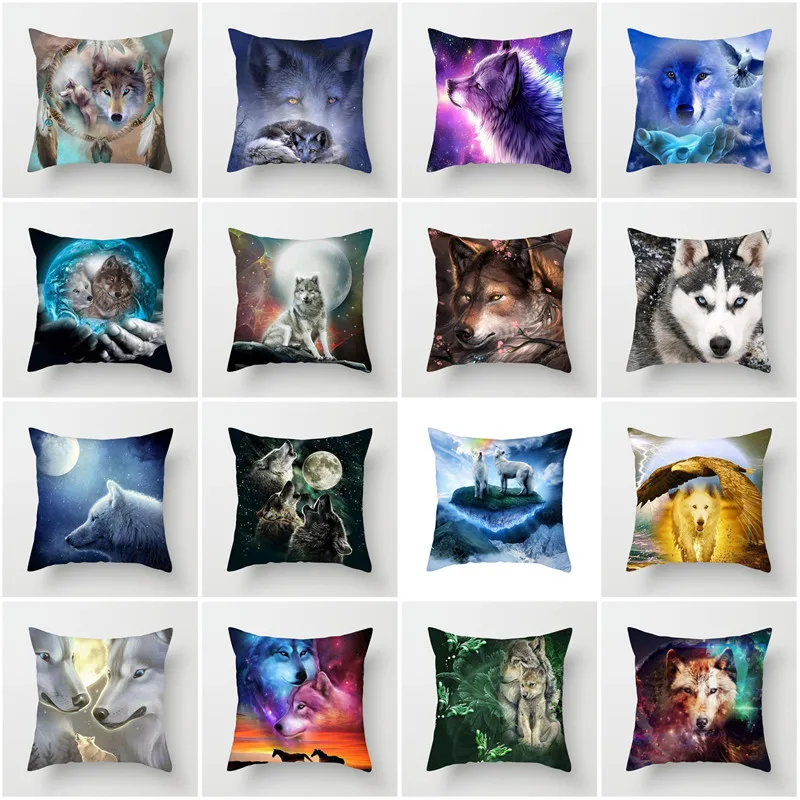 

3D Fluorescent Wolf Luxury Pillows Painting Mighty Animal Blue Pillowcase Bedroom Decoration Car Decor Soft 45x45 50x50 Pillow