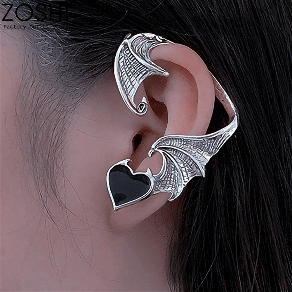 1pcs Bat Wings Goth Black Style Heart Clip Earrings Antique Silver Plated Fairy Evil Ear Cuff Earring Women Halloween Ear Cuff