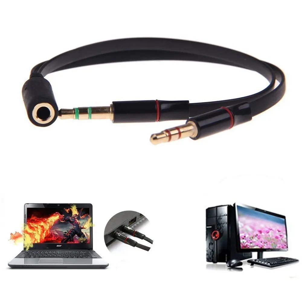

3.5 mm Black Headphone Earphone Audio Cable Micphone Y Splitter Adapter 1 Female to 2 Male Connected Cord to Laptop PC