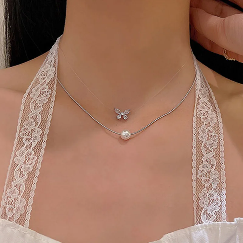 

Luxury Design Exquisite Zircon Butterfly Pendant Necklace Women's Two-piece Pearl Clavicle Chain Jewelry Wholesale
