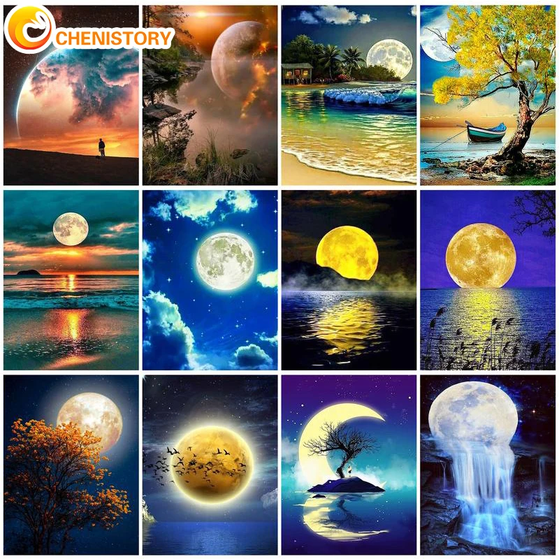 

CHENISTORY Diy Painting By Numbers For Adults Moon Landscape HandPainted Pictures By Numbers Acrylic Paints For Painting Gift