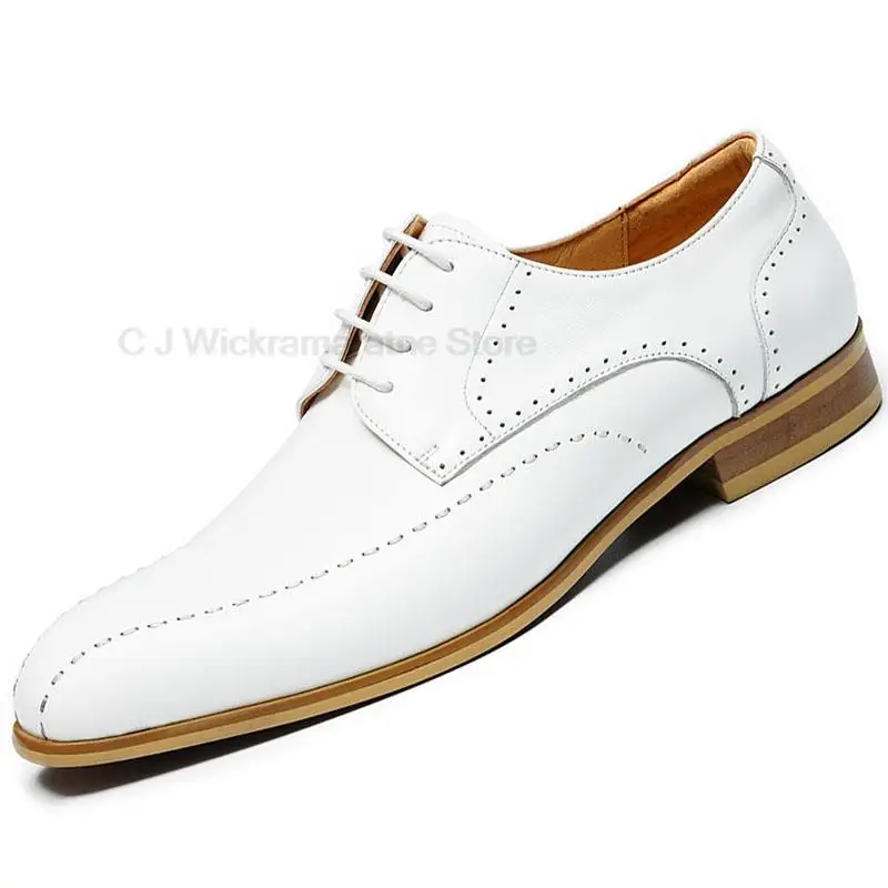 

Italian Flat Mens Dress Shoes Luxury Genuine Cow Leather 2023 Designer Summer Pointed Toe White Derby Wedding Social Shoes Man