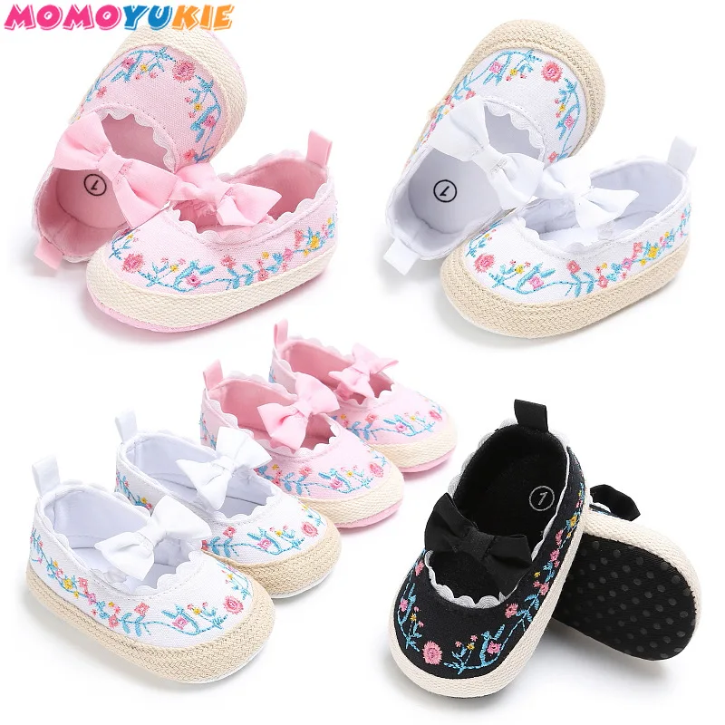 New Princess embroidery bow First walkers baby Toddler Cotton fabric Baby moccasins Baby girls Mary jane Hard sole Baby Shoes