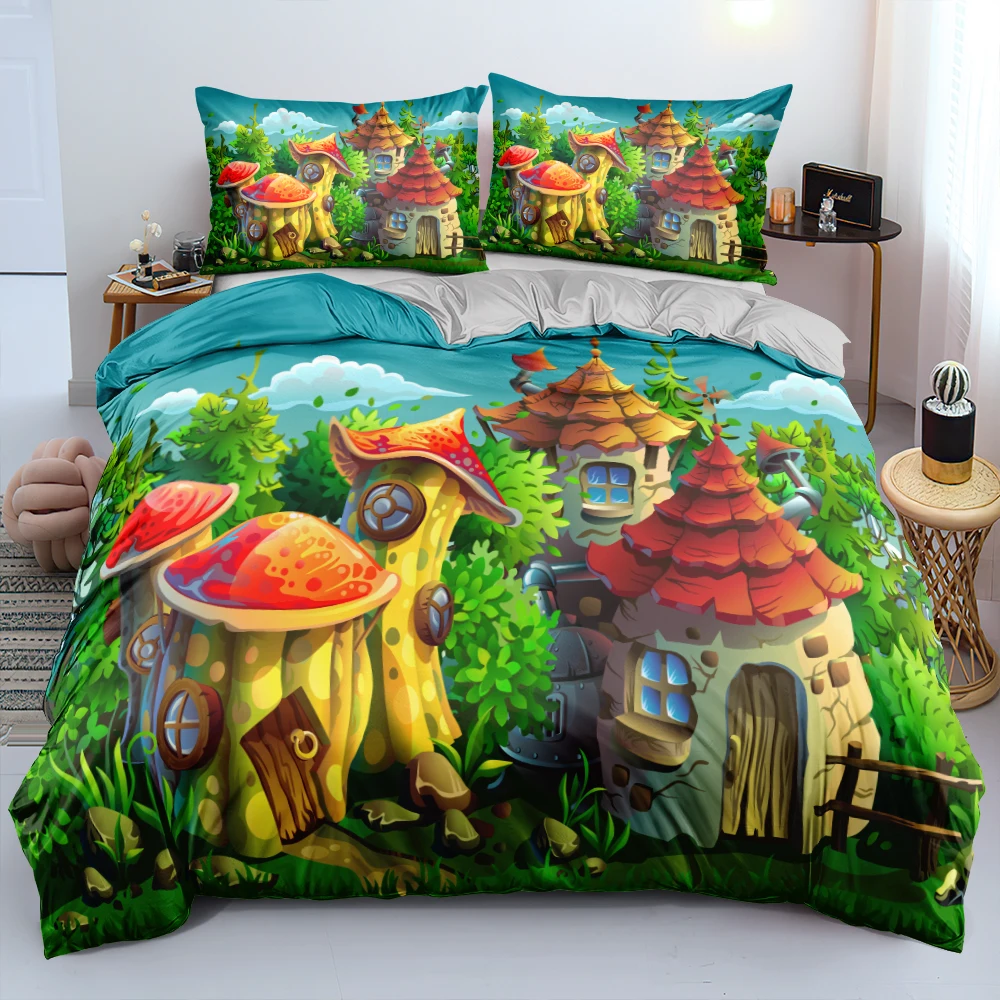 

3D Cartoon Mushroom House Family Bed Linen Colorful Comforter Bedding Sets Twin Full Double Size 140x210cm Duvet Cover for Child