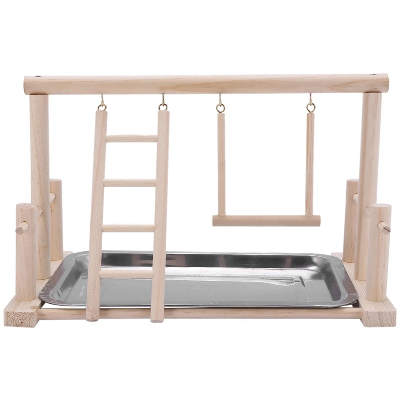 

Wood Play Stand And Stainless Steel Tray Pet Bird Frame Station Parrots Playground Perch Gym Training Stand Bird Comfortable Toy
