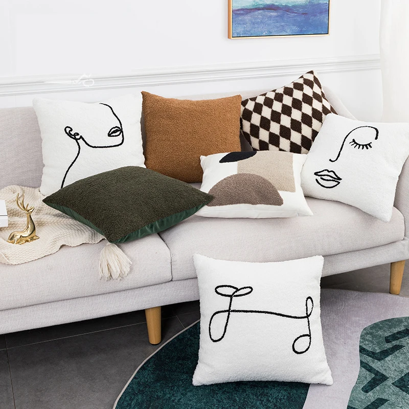 

Abstract Embroidery Cushion Cover 45x45cm White Geometric Pillow Cover Handmade Cotton for Sofa Bed Chair Living Room Home
