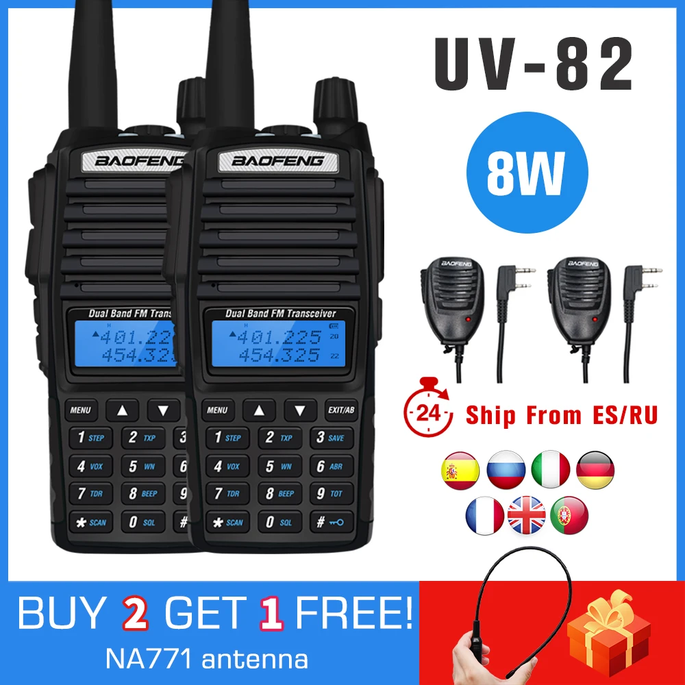 2pcs/lot Baofeng Original Walkie Talkie UV-82 Dual PTT Radios Handheld Two Way Ham CB Radio UV 82 and Free Gift NA-771 Antenna