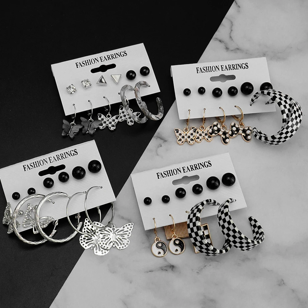 

Трендовые женские черно-белые серьги-подвески в клетку 2022 Trend Women Black White Plaid Geometric Earset Trend Butterfly Love Heart Акриловые висячие серьги Ювелирные издел...