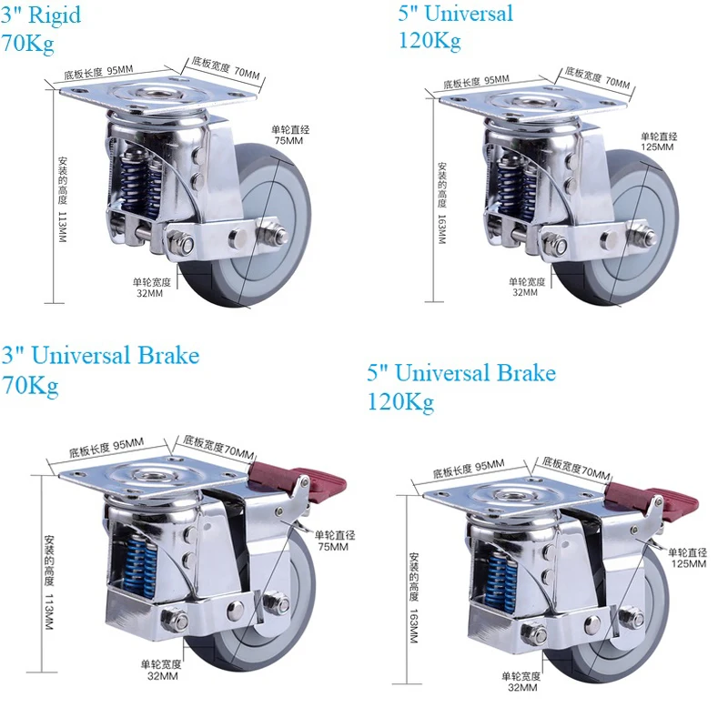 

Heavy Duty 3" 4" 5" Dual Springs Caster Castor Rotating Swivel Spring-loaded Shock Absorber Flat Wheel Brake