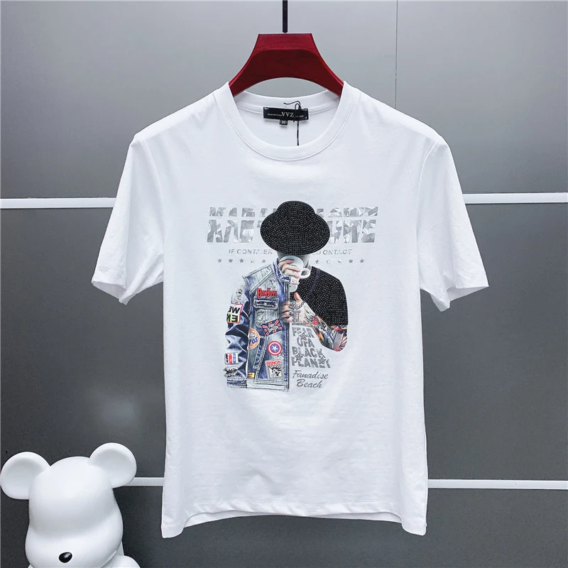 

New luxury Men 2022 Cap hot fix rhinestone T Shirts T-Shirt Hip Hop Skateboard Street Cotton T-Shirts Tee Top #A635