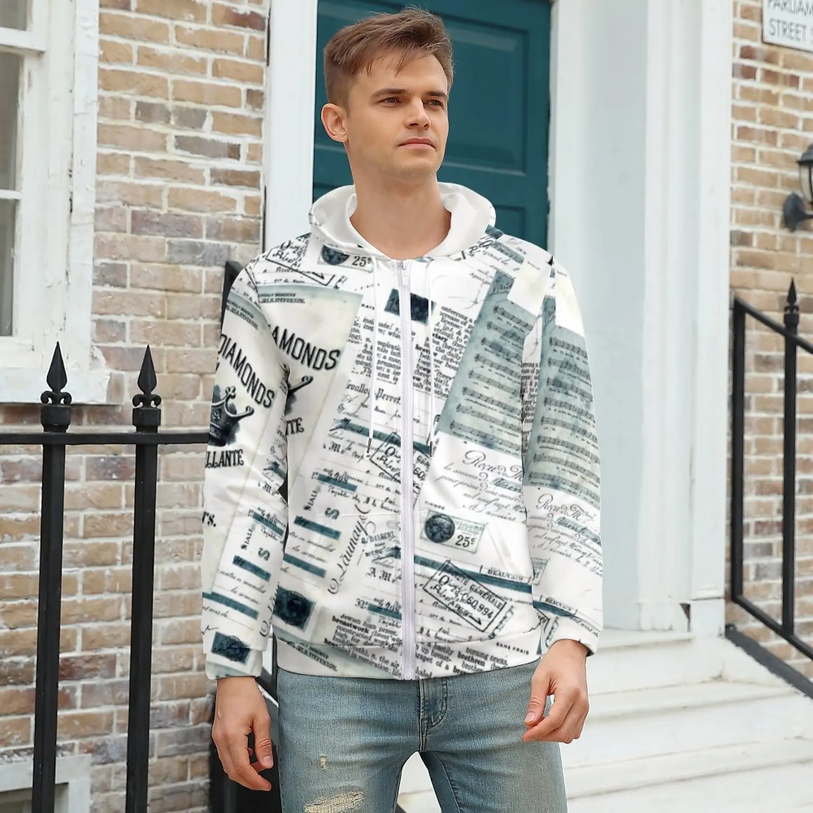 

Newspaper Artwork Zipper Hoodies Vintage Black White Elegant Hoodie Long Sleeve Oversize Loose Pattern Casual Hooded Sweatshirts