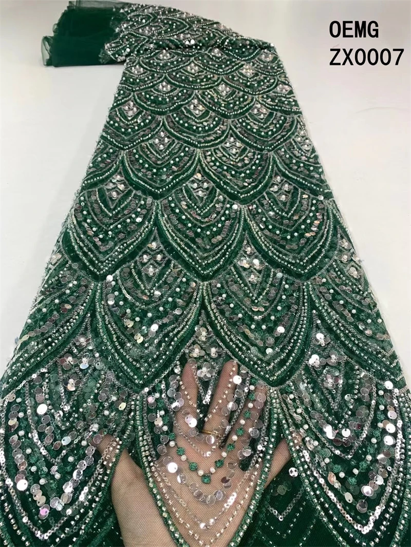 

OEMG Luxurious Sequin Beaded Tulle lace Fabric 2022 High Quality Embroidery Green French Mesh Tulle Lace Evening Dress ZX0007