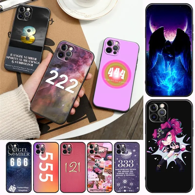 

Phone Case for iPhone 11 12 13 Pro Max 7 8 SE XR XS Max 5 5s 6 6s Plus Black Soft Silicone Case Cover Angel Lucky Numbers