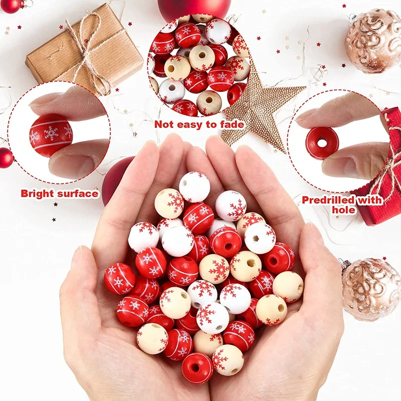 150 шт. деревянная бусина Рождественская снежинка круглая с веревкой полированная