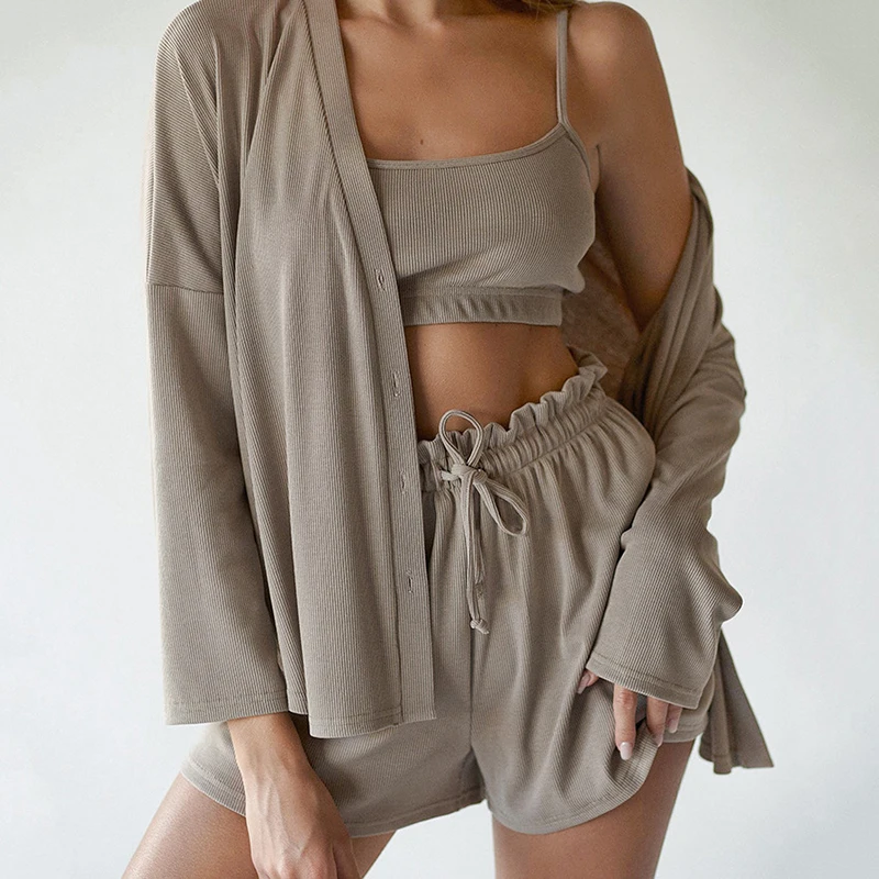 

Knitted Woman 3 Pieces Set Sexy Cropped Top +Coat+ High Waist Drawstring Shorts Suits Streetwear Tracksuit