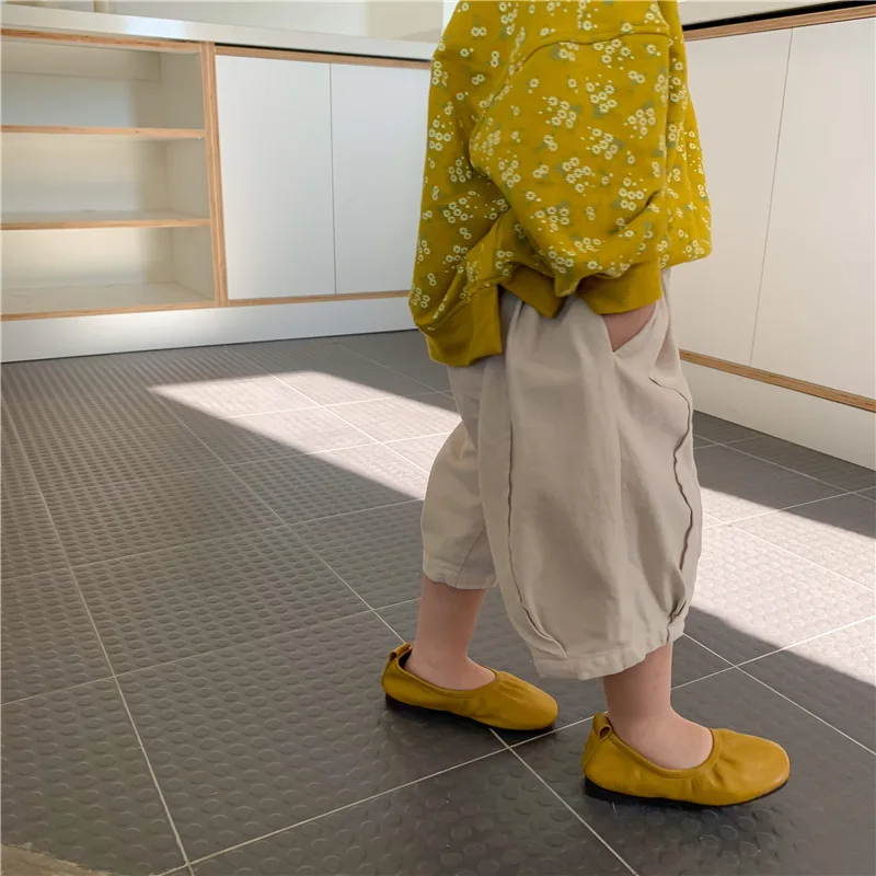 

2022 summer boys solid color linen cotton loose calf-length trousers girls fashion patchwork wide leg pants