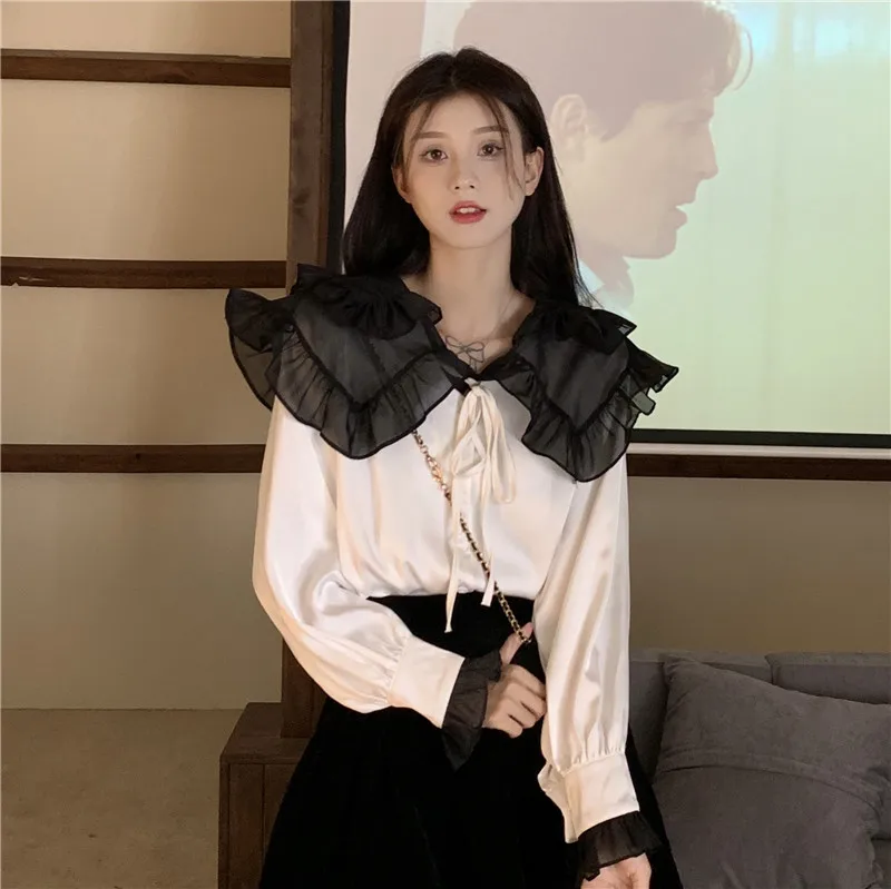 

COIGARSAM Shirt Womens Tops New Patchwork Loose Peter Pan Collar Panelled Women Shirts Dropshipping