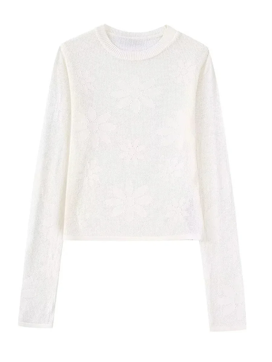 

Women Fashion Solid Floral Jacquard Dot Knitted Cropped Thin Sweaters 2022 New Full Sleeves O-Neck Casual Female Tops