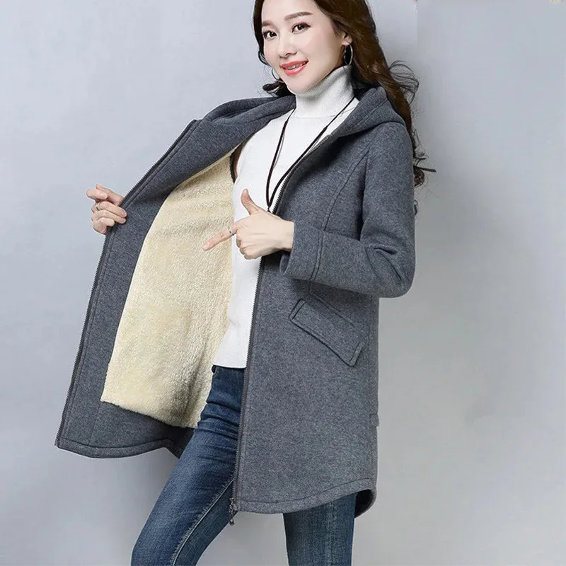 

Hoodie Women's 2022 Autumn Winter New Cardigan Plus Velvet Thickening Mid-Length Slim Was Thin Hooded Zipper Fashion Coat Female