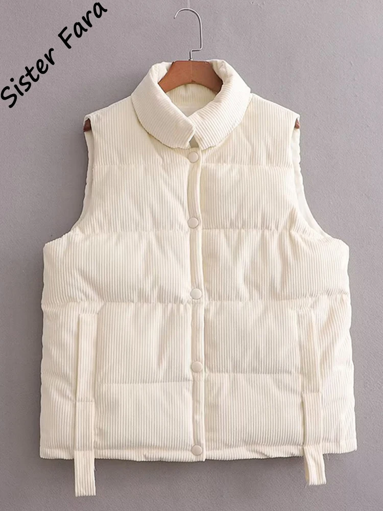 

Sister Fara Women Cotton Vest Padded Single Breasted Sleeveless Waistcoat 2022 Winter New Stand Collar Corduroy Casual Vest