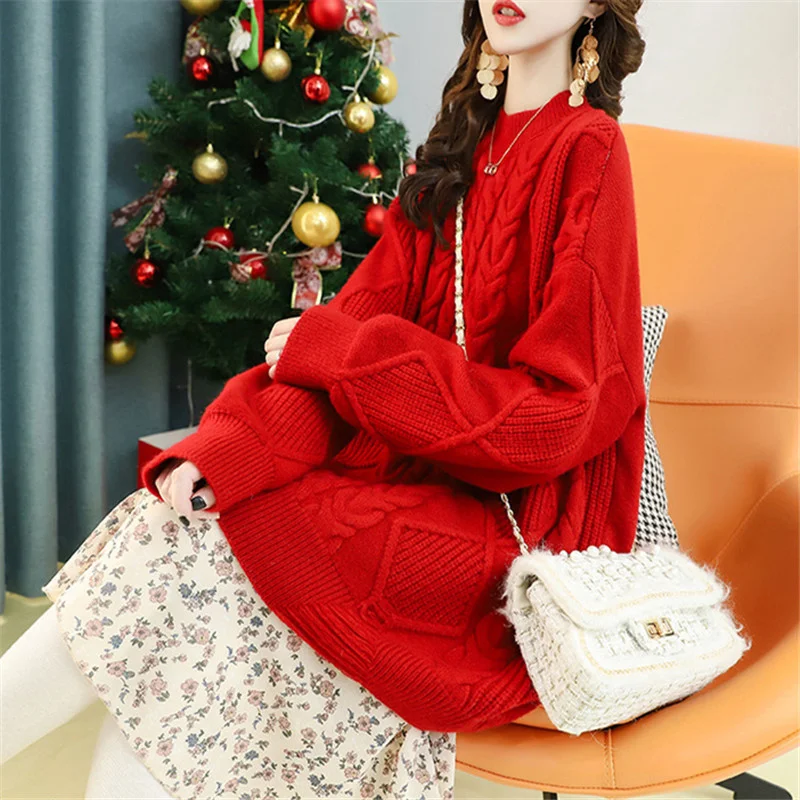 

Winter Autumn Coarse Yarn Knitted Sweater Women Loose Pullover Jumpers Ladies 3 Color O-Neck Long Sleeve Knit Tops Female