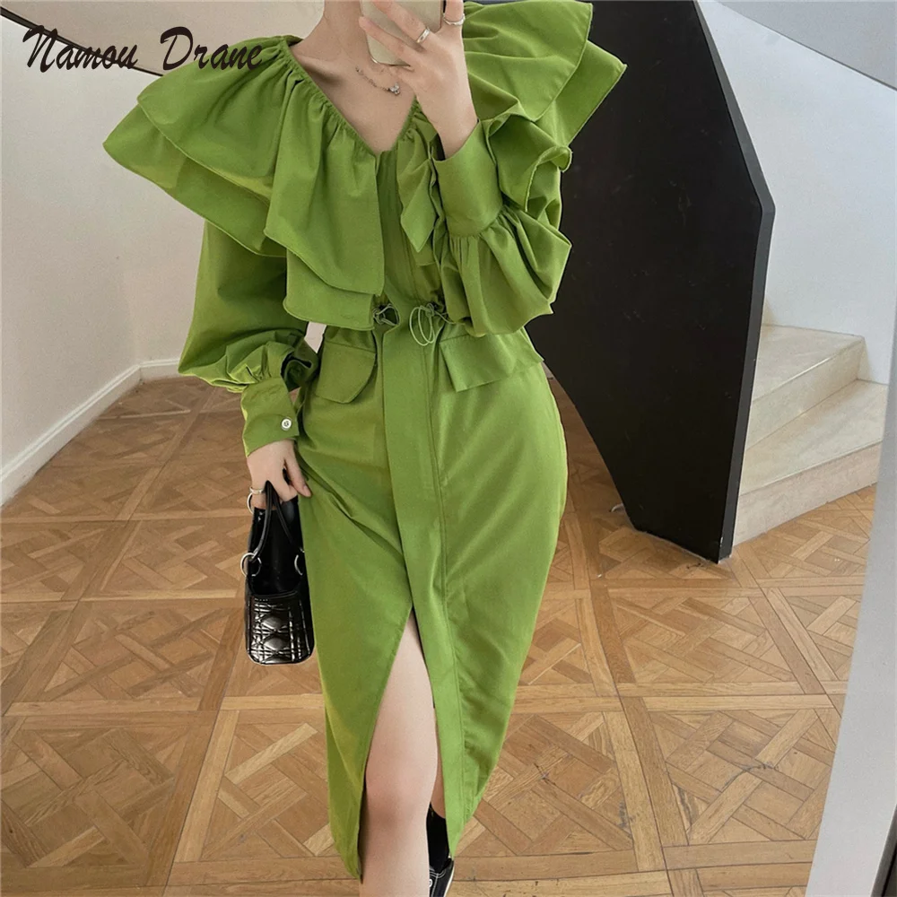 

Elegant Lantern Sleeves Chic Shirt Dress Women Sweet Gentle 2022 Femme Loose Office Wear Slim Casual OL Mujer Vestidos