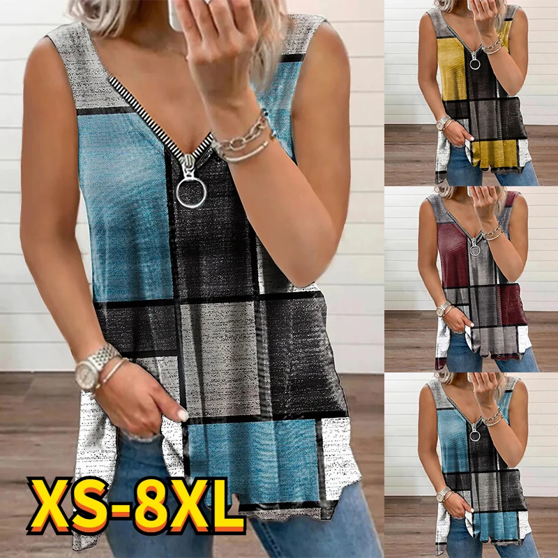 

Women's Plus Size Tank Tops 2022 New Lattice Printing Vest Sexy V-neck Zipper Sleeveless T-shirt Casual Loose Pullover Tops