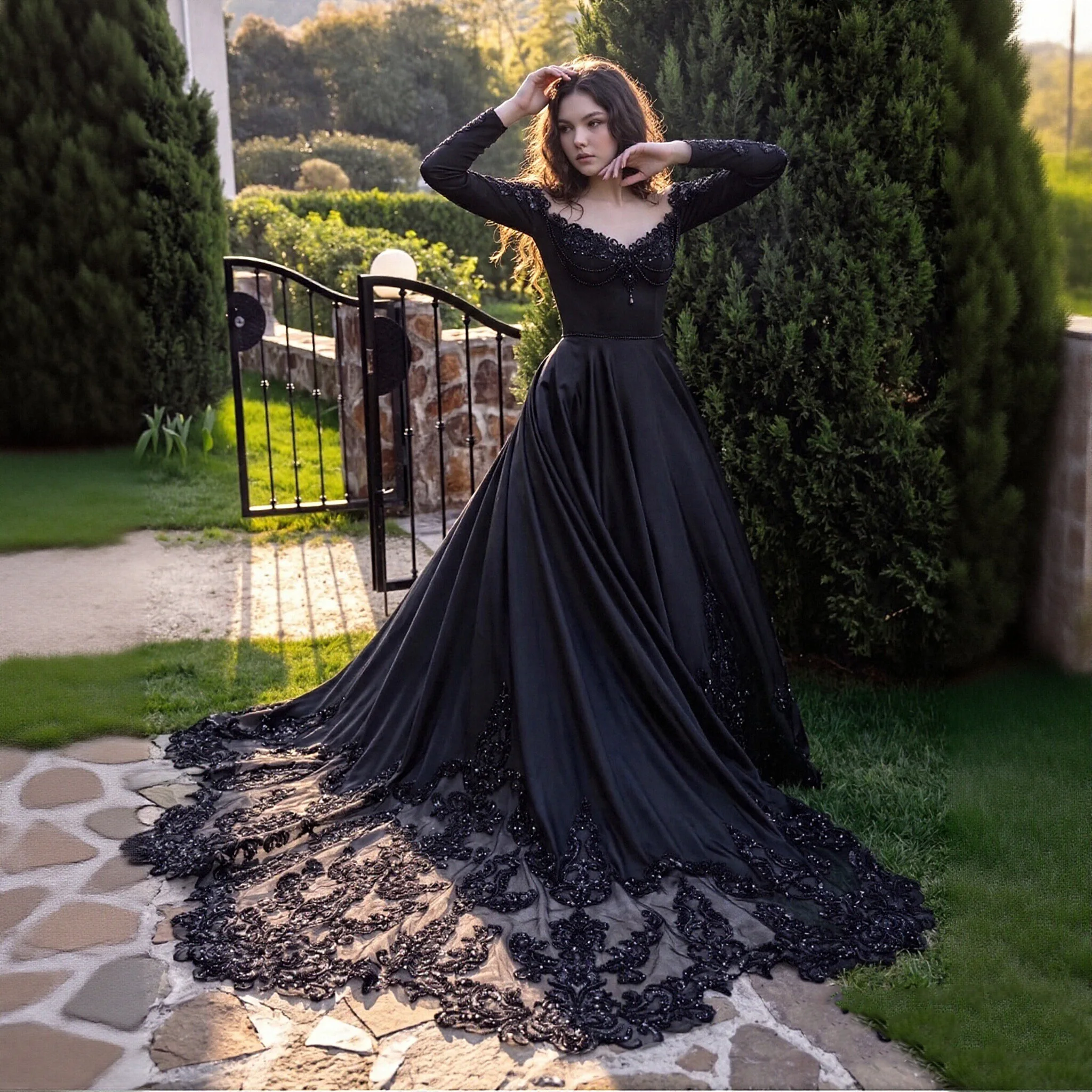 Фото Элегантное черное свадебное бальное платье Sheer Fairy для женщин с кружевным шлейфом, расшитое бисером, с открытыми плечами, роскошное свадебное платье SW558, на заказ №1