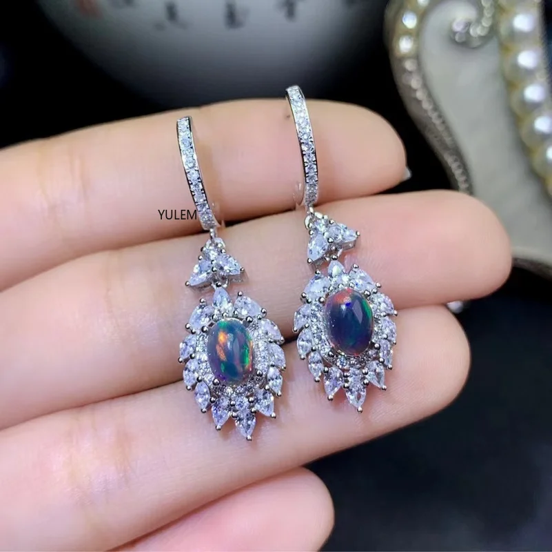 

YULEM 5x7 Natural Black Opal Classic Design Drop Earrings for Women with 925 Silver Oval Shape