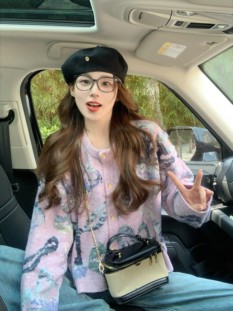 Жаккардовый вязаный свитер в стиле ретро женский кардиган новинка 2024 осень и