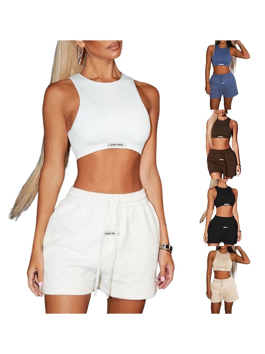 

Women 2pcs Outfits Tracksuit Sleeveless High Stretch O Neck Tank Vest Crop Tops+ Pockets Drawstring Short Gym Leggings Yoga Set