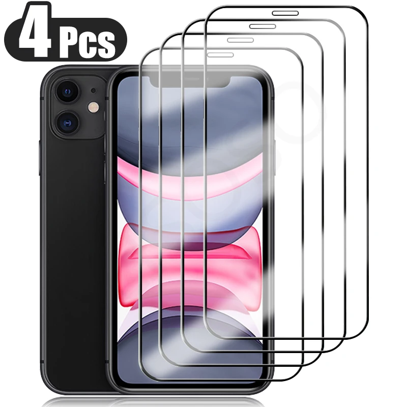 

4Pcs Full Cover Protective Glass On For iPhone 11 12 13 Pro Max Screen Protector For iPhone XS XR 6 7 8 Plus Tempered Glass Film