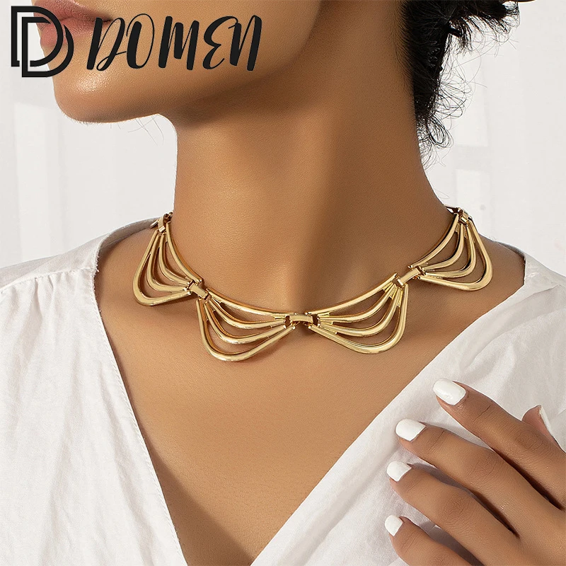 

DOMEN Exaggerated Necklace Women Metal Wire Torques Choker Collar Punk Gold Color Wide Smooth Chain Jewelry