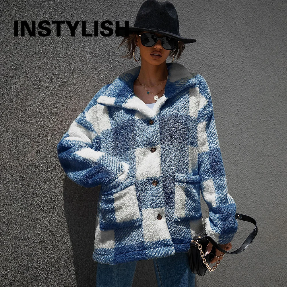 

Women Winter Warm Thick Fleece Faux Fur Coat Vintage Harajuku Plaid Loose Plush Teddy Coat Casual Overcoat Streetwear Outwear