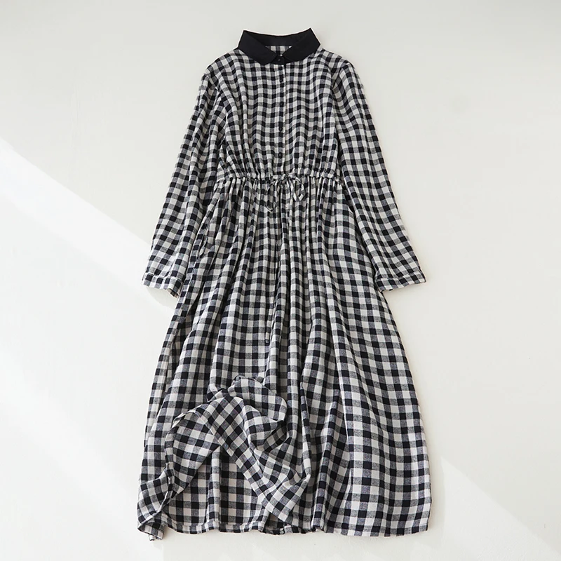 2023 New Patchwork Fashion Black White Plaid Spring Dress Office Lady Work Dress Japanese Style Women Autumn Casual Midi Dress images - 6