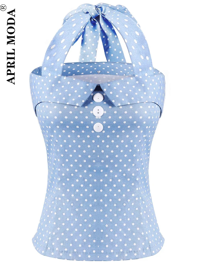 

Bandage Pinup Summer Top Blue Backless Halter Top Lace Up Cute Party Beach Summer T Shirt Women Retro 50s Party Chic Wrap Tops
