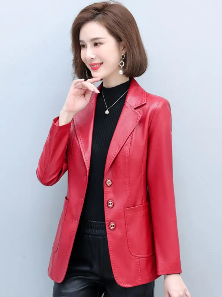 New Women Leather Blazer Spring Autumn Fashion Casual Suit Collar Long Sleeve Slim Waist Sheepskin Jacket Split Leather Coat