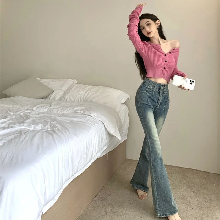 

Women's Two Piece Sets Sexy Full Sleeves Hollow Navy Shoulder Off Irregular Top and Trousers Jeans 2022 Autumn Casual Outfits