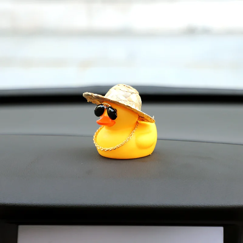 Rubber Cute Duck Toy Car Ornaments Yellow Duck Car Dashboard Decorations Cool Glasses Duck with Propeller Helmet Gold Chain