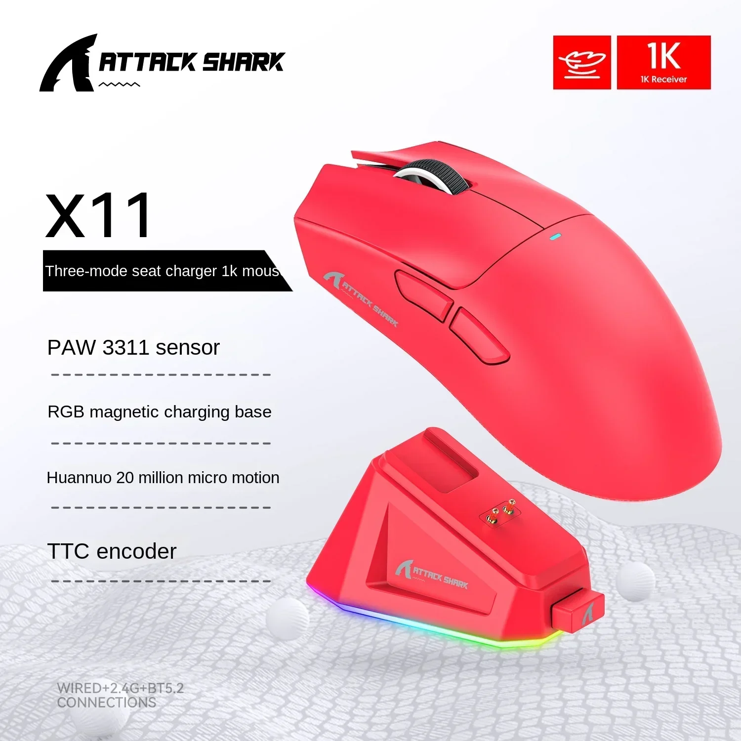 Фото Attack Shark X11 PAW3311, трехрежимное подключение, сенсорная магнитная зарядная док-станция, сверхлегкая игровая мышь №3