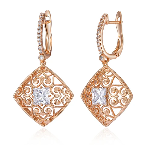 Серьги SYOUJYO квадратные циркония розовое золото