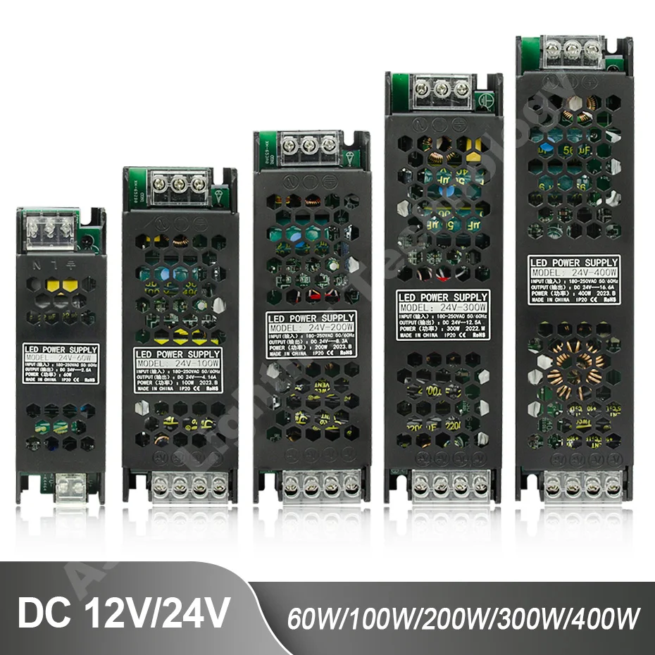 

AC220V to DC12V 24V Mute Voltage Converter Transformers 60W 100W 200W 300W 400W LED Driver for COB LED Strip Light Power Supply